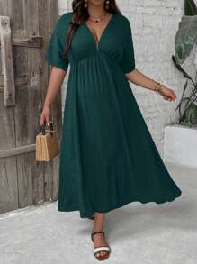 SHEIN VCAY Plus Size V-Neck Ruched Short Sleeve Casual Everyday Comfortable Fashionable Dress - Teal Blue - View 5