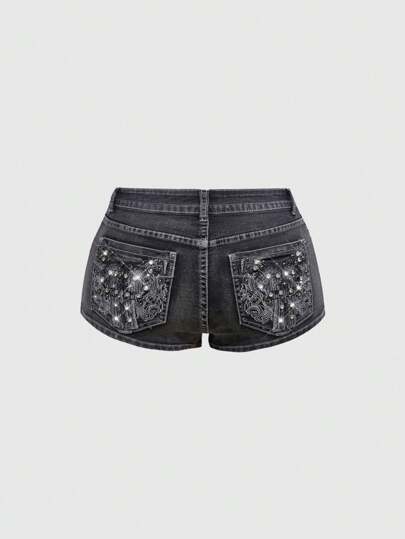 ROMWE Avant Vintage Millennium Punk Y2K Ultra Tief Sitzende Ultrakurze Bestickte Pistole Damen Denim Shorts