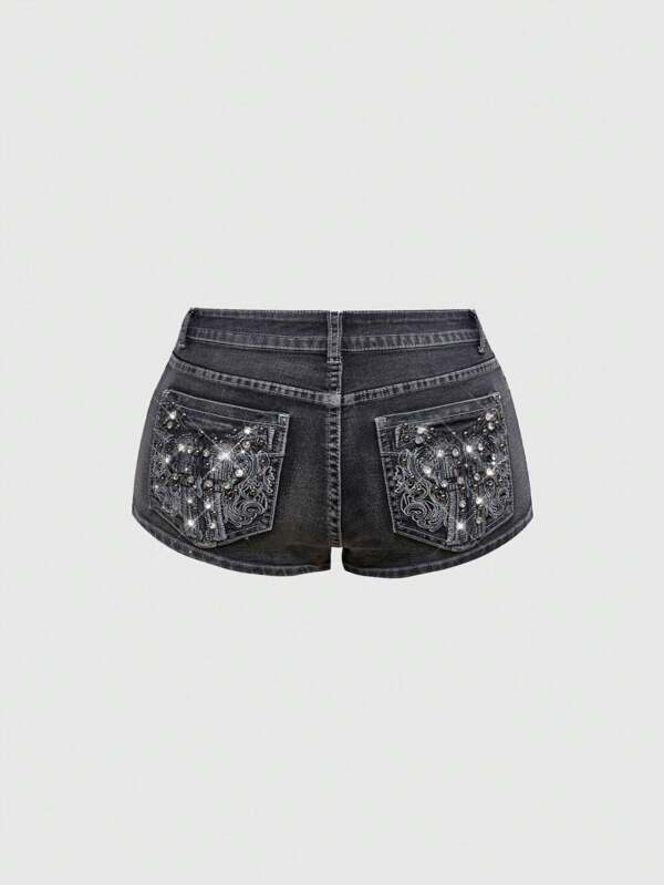 ROMWE Avant Pantaloni scurți din denim pentru femei, stil vintage Millennium Punk Y2K, cu talie joasă, ultra-scurți, brodați cu pistol