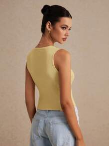 Poéselle Women's Summer Frenchies Casual Solid Color Sleeveless Knit Top Sweater Vest - Mustard Yellow - View 3