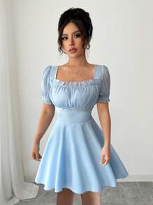 Elenzga New Season French Style Blue Square Neck Fashionable Luxurious High-End Chic Cinched Waist Elegant Puff Sleeve Dress For Summer - Baby Blue - View 4