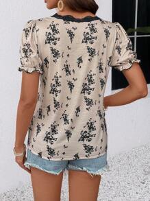 SHEIN LUNE Women's V-Neck Short Sleeve T-Shirt With Lace Trim, Simple And Practical Multi-Function - Multicolor - View 2