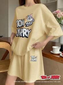 TOM AND JERRY X DAZY 休閒寬鬆卡通印花短袖T恤與短褲睡衣套裝 夏季 - 黃色 - 查看 5