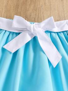 SHEIN 2 Pieces Girls Outfit, Collared Contrast Mesh Embroidered Short Sleeve Shirt And Elastic Waist Tiered Skirt, Elegant For Girls, Spring/Summer, Girls Skirt And Blouse Sets Age 10