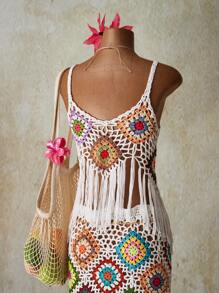 SHEIN ICON Set de 2 piese pentru femei, vară, vacanță, ieșiri la plajă, Hawaii, tropical, sexy, croșetat, colorat, tricotat, camisol, top și fustă, 2 piese - Multicolor - Vizualizare 6