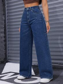 SHEIN PETITE 女士高腰口袋阔腿宽松休闲牛仔裤 - 深色水洗藍 - 查看 4