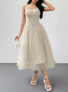 Elegantes Sommerkleid für Frauen mit rundem Ausschnitt, ärmelos, Midi-Länge, mit Pailletten-Dekor, Kleidung für den Schulanfang