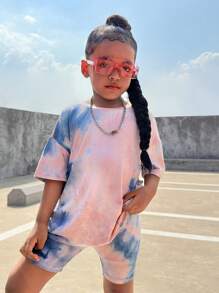 SHEIN SLAYR KIDS 2 件套年轻女孩休闲扎染印花宽松 T 恤和紧身打底裤套装 - 灰色 - 查看 5