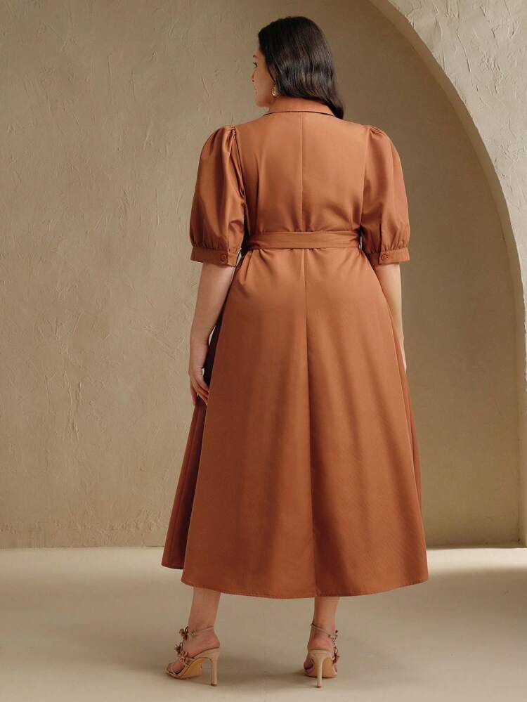 Plus Size Women Lace Trim Open Front Waist Cinched Dress, Spring/Summer