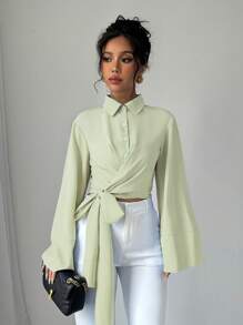 Elenzga 女式春季简约纯色喇叭袖裹身系带短款衬衫