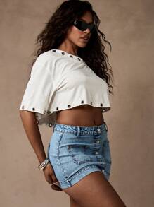 MISSGUIDED Minifalda vaquera con botones y bolsillos con parche, moda de verano para festivales con efecto desgastado, fondo vaquero informal