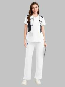 TaskEZ Contrast Color Short Sleeve Top And Long Pants Scrub Uniform Set,Summer,Rennaissance,Workwear,Nurse Workout Clothes Women Scrub Sets - White - View 4