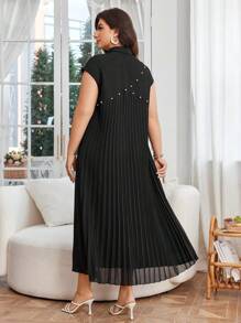 Lacomfia 大码休闲纯色衬衫领珍珠装饰褶皱后背宽松常规春夏连衣裙 - 黑色 - 查看 3