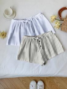 Comfortcana Bộ 2 quần short thắt nút đơn giản cho nữ, phù hợp cho mùa hè, họa tiết sọc - Nhiều màu - Xem 4