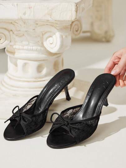 CUCCOO CHICEST 女士时尚黑色蕾丝蝴蝶结装饰方头细高跟穆勒鞋，适合通勤、约会、派对、节日、婚礼、情人节