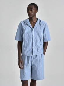 Ontre Men Summer Solid Color Casual Hoodie Short Sleeve Shirt, Suitable For Independence Day, St. John's Day, Graduation, Daily Wear, Vacation, Beach Resort,Commuting - Blue - View 4