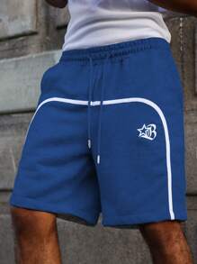 PAVTROS 男士拼色条纹印花口袋抽绳腰短裤，适合夏季 - 寶藍色 - 查看 3