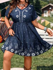 EMERY ROSE 夏季大码V领全印花无袖连衣裙 - 藏蓝色 - 查看 7