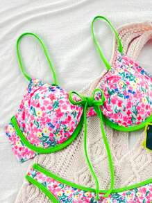 SHEIN 夏季女式两件套泳衣随机颜色吊带钢圈聚拢蝴蝶结系带比基尼上衣和下装海滩度假比基尼套装 - 彩色 - 查看 6