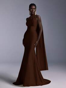 Elitara Elegant, Glamorous, And Stylish, This Coffee-Brown Knit Dress Features A Deep Backless Design, A Flowing Ribbon Neckline, And A Fitted Mermaid Silhouette With A Long Train. Suitable For Formal Occasions Such As Weddings, Cocktail Parties, Balls, And Elaborate Evening Gowns. - Brown - View 6