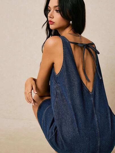 Poéselle 女式方领无袖休闲宽松牛仔连衣裙