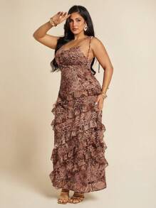 SHEIN X Scheana SHEIN BAE 夏季海滩度假豹纹荷叶边蛋糕连衣裙，适合日常约会、夜间外出、夜总会、派对、聚会、泳池派对、返校季服装、返校季服装、节日连衣裙女装、音乐节服装、乡村音乐节服装、演唱会服装 - 彩色 - 查看 6