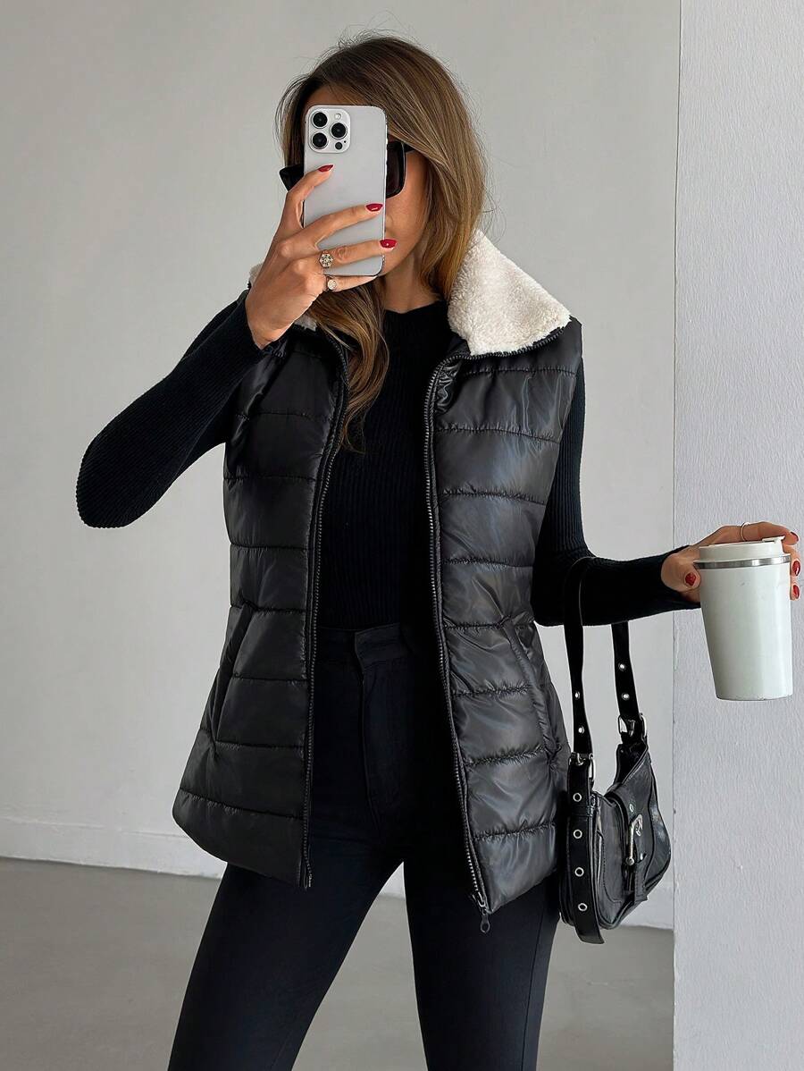 RueChic Shiny Fabric Cozzy Details Padded Zip Up Vest Winter Coat - Black - View 1