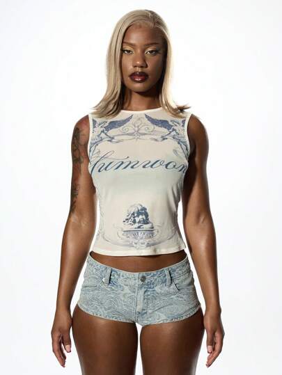 SUMWON WOMEN Yaz Angelic Tank Top Mesh Overlay Festival Moda Grafik Baskı Şık Modern Estetik Sokak Giyimi