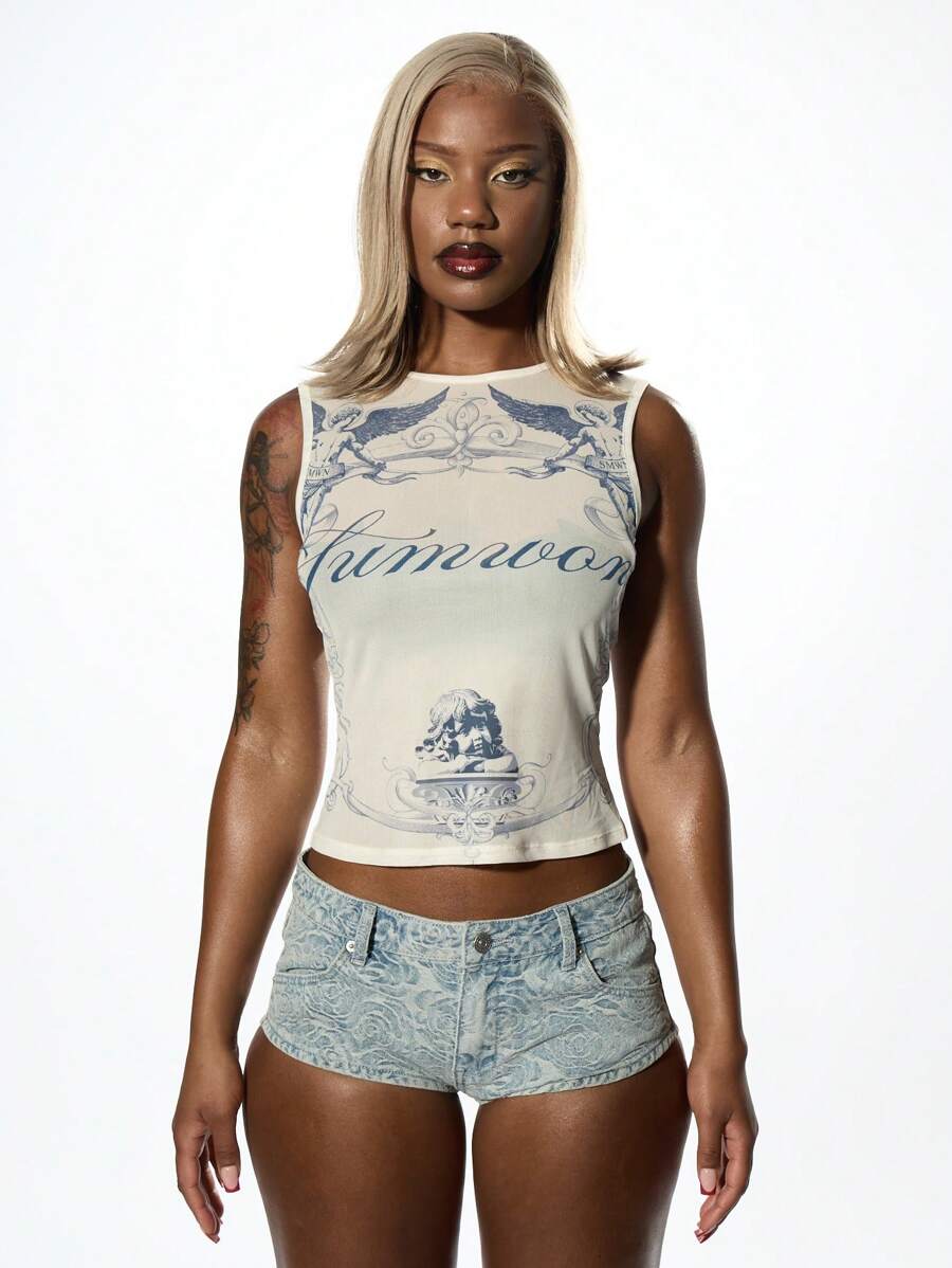 SUMWON WOMEN 夏季天使背心网眼覆盖节日时尚图形印花别致现代美学街头服饰 - 杏色 - 查看 1