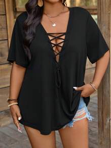 SHEIN LUNE Blusa de manga corta con cruce y lazo casual de vacaciones para mujer de talla grande, tops de verano para vacaciones, salir, playa, escuela y campo - Negro - Ver 5