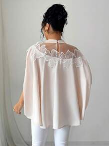 Elenzga Damen elegantes Mesh Patchwork Applikation Dekor Fledermausärmel Bluse - Aprikosenfarben - Übersicht 2
