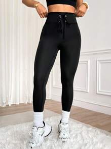 Easithlete 女式高腰纯色腰部系带运动紧身裤