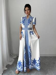 SHEIN Unity 复古印花系腰泡泡袖短款连衣裙 - 藍色 - 查看 5