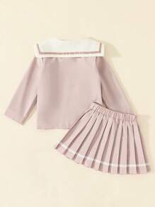 2pcs/Set Girls Navy Collar Adorable 3D Bowknot Blazer & Pleated Skirt Suit, Suitable For School Style - Pink - View 2
