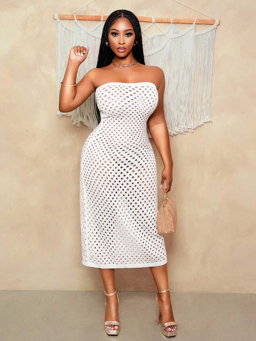 BamGleam 1 pieza Vestido de tirantes de punto con calado y rejilla blanco entallado para mujer, diseño minimalista sexy - Blanco - Ver 1