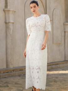 Aveloria Rosie 适合婚礼派对宾客的优雅夏装，精致的向日葵刺绣，收腰短袖连衣裙 - 白色 - 查看 5