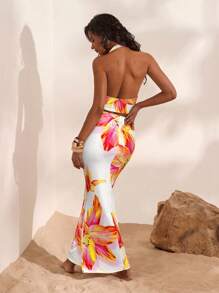 Opulessa 2pcs/Set Women Vacation Neck Halter Top And Printed Skirt Set - Yellow - View 2