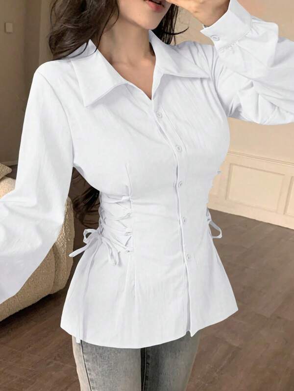 Modelyn Casual Solid Color Criss-Cross Tie Fashionable Blouse