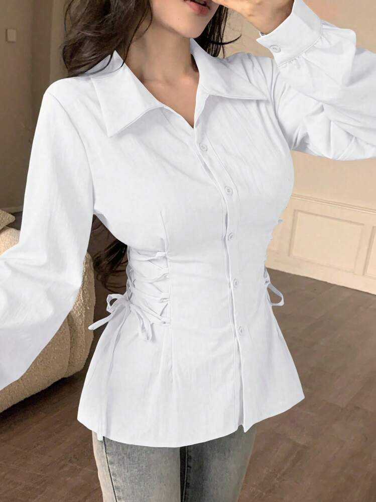 Modelyn Casual Solid Color Criss-Cross Tie Fashionable Blouse Fall Cloth For Women - White - View 1