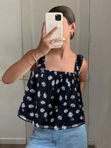 SHEIN Frenchy 女士度假印花编织提花后系带荷叶边下摆背心，夏季度假露背欧洲夏季露背上衣，碎花图案狂欢上衣狂欢伊比沙岛海滩可爱外出上衣生日度假 - 黑與白 - 查看 4