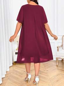 SHEIN LUNE Váy chữ A rộng rãi thanh lịch màu xanh nước biển cỡ lớn dành cho nữ, cổ tròn, tay áo hình đèn lồng và nút trang trí, mùa hè - Màu Đỏ Sâu - Xem 2