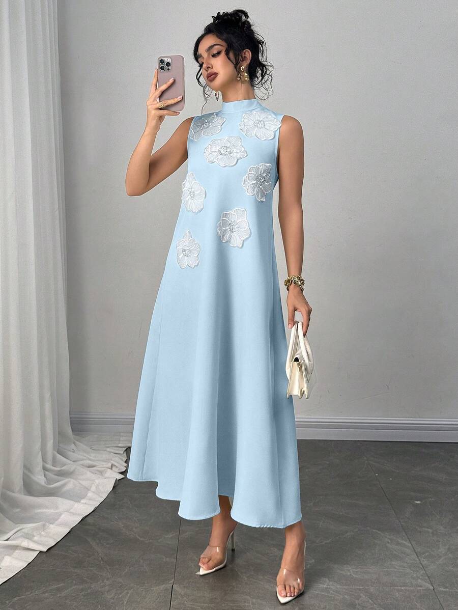 Modelyn 女士时尚优雅奢华厚重 3D 花卉图案宽松长款 A 字连衣裙，淡黄色 - 藍色 - 查看 1