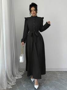 Elenzga 女式纯色荷叶边前扣长袖休闲长款束腰连衣裙女装 - 黑色 - 查看 4