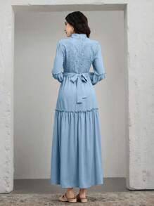 Graceveil 女式纯色立领长袖蕾丝腰收腰长裙，夏季 - 淺藍色 - 查看 2