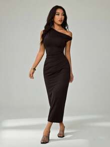 SHEIN PETITE Váy lệch vai thanh lịch dành cho nữ, thích hợp cho các buổi tiệc tùng và mặc đi làm hàng ngày - Cà phê nâu - Xem 3