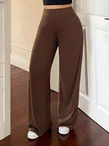 Dazy Plus Plus Fall Solid Color Elastic Waist Wide Leg Knit Casual Pants - Brown - View 6