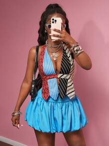 Slaydiva 2 件套女士夏季彩色条纹吊带上衣和喇叭迷你裙套装，狂野装