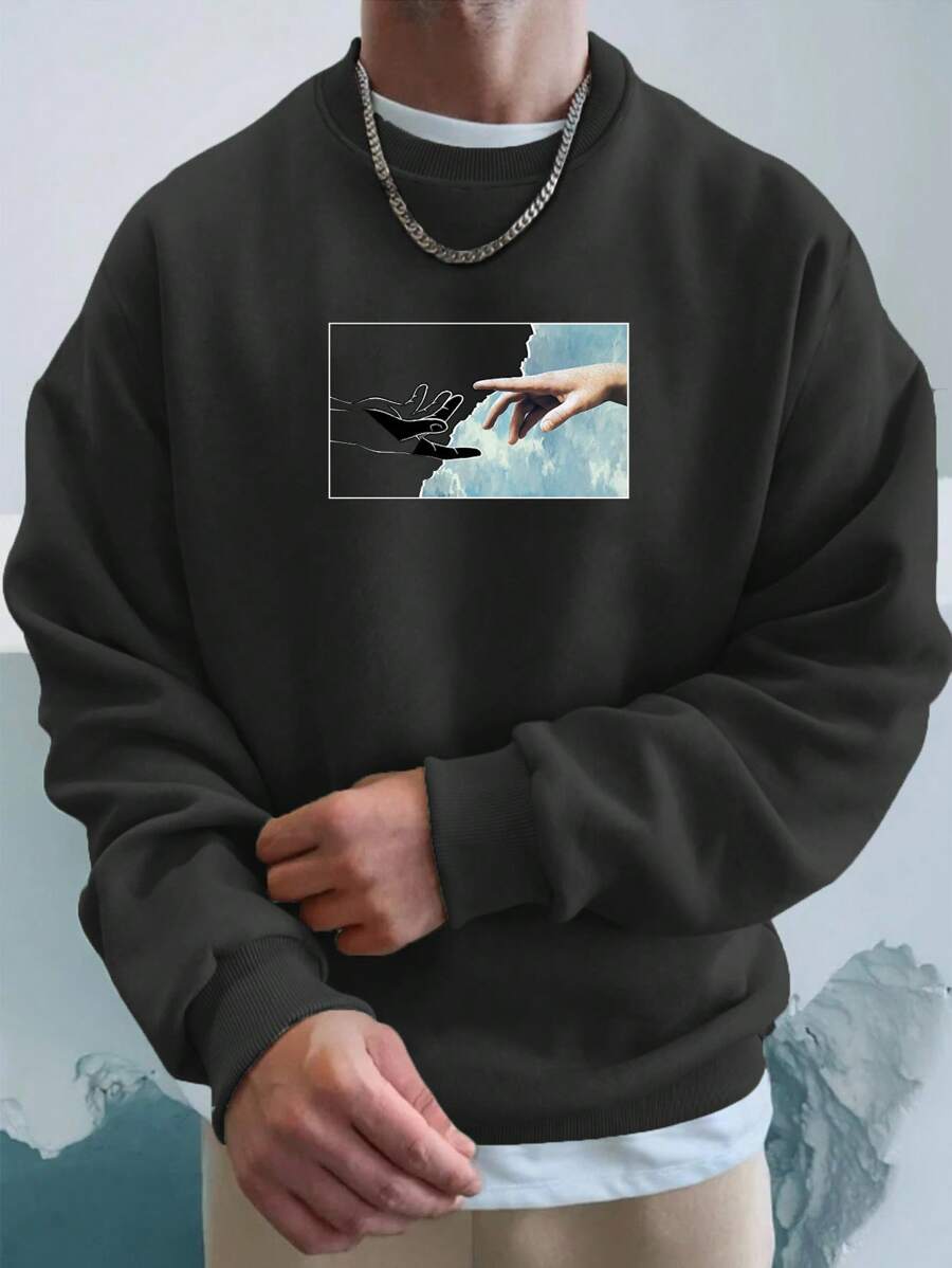 SHEIN Cottnline Men's Round Neck Hand Print Oversized Sweatshirt - Black - View 1