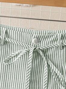 Chiquease 女士休闲蓝色条纹阔腿裤，竹节结带设计，适合春夏季 - 綠色 - 查看 4