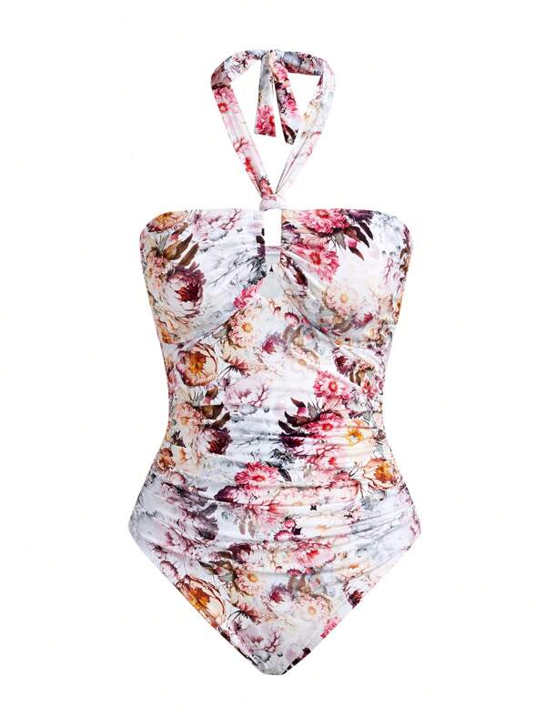 MOTF PREMIUM FLORAL PRINT RUCHED HALTER ONE-PIECE SWIMSUIT FOR SUMMER BEACH VACATION